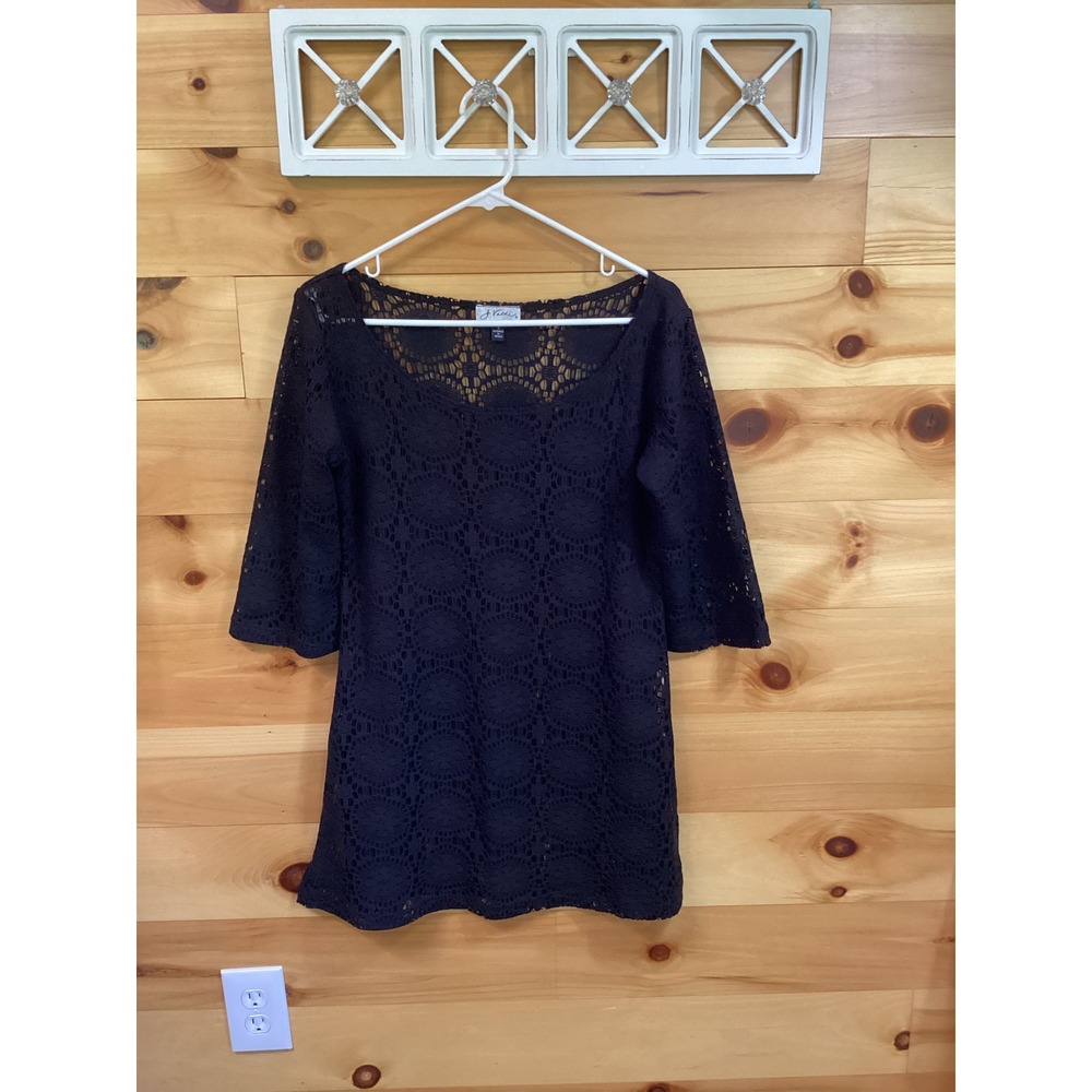 J Valdi Womens Black Crochet Lace Swim Cover Up Dress 3/4‎ Sleeve Small